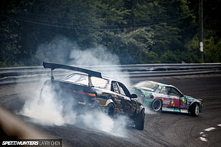 black race car, smoke, car, drift, S13 HD wallpaper