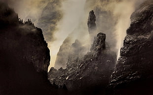 black rock formation, nature, landscape, mountains, mist HD wallpaper