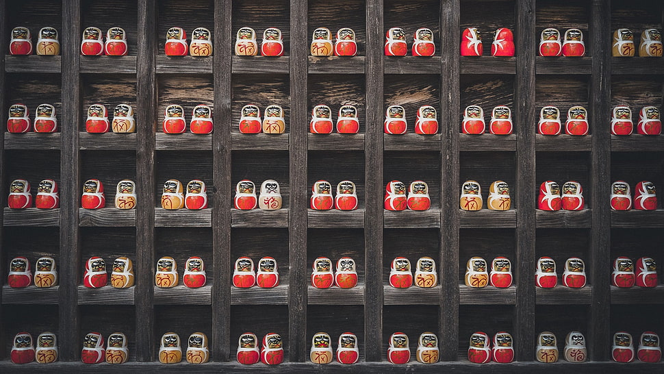 red canister lot, doll, wood, pattern, shelf HD wallpaper