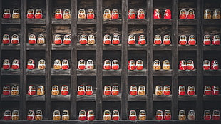 red canister lot, doll, wood, pattern, shelf