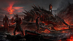 six people slaying dragon digital wallpaper, dragon, sword, DeviantArt, smoke