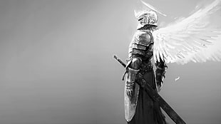 knight with white wings photo, knight, angel wings, Halo, sword
