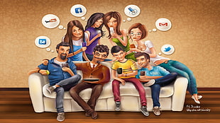 illustration of group of people using smartphones and exploring to different social medias HD wallpaper