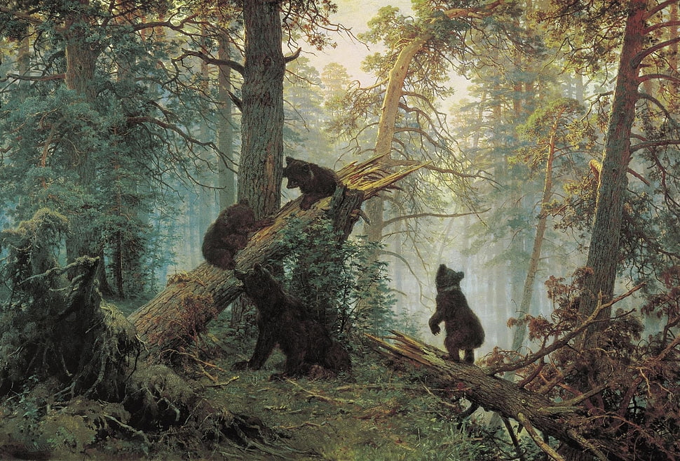 four black bear cubs near tree log, forest, bears, artwork, animals HD wallpaper
