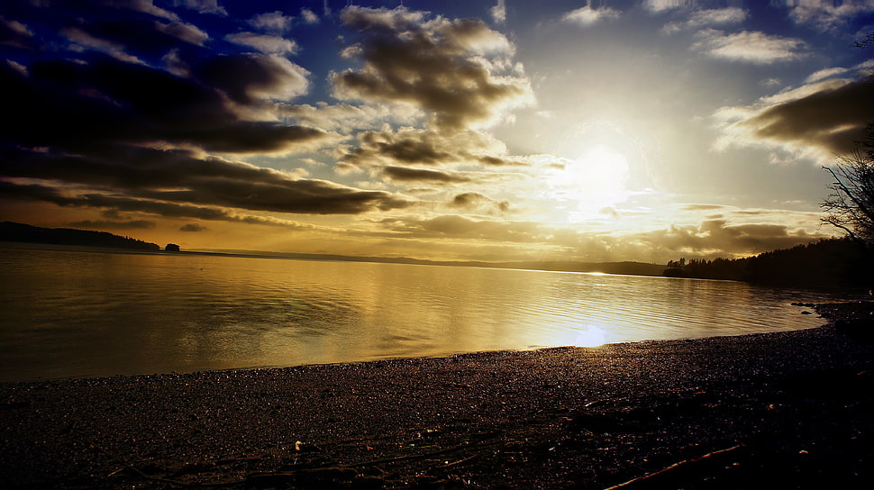 gray sand, lights, glowing, beach, sunset HD wallpaper