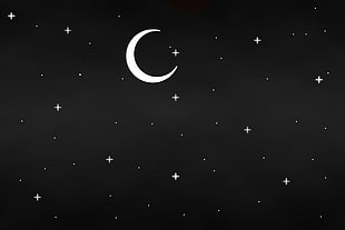 crescent moon and stars artwork, Moon, moonlight, white, dark