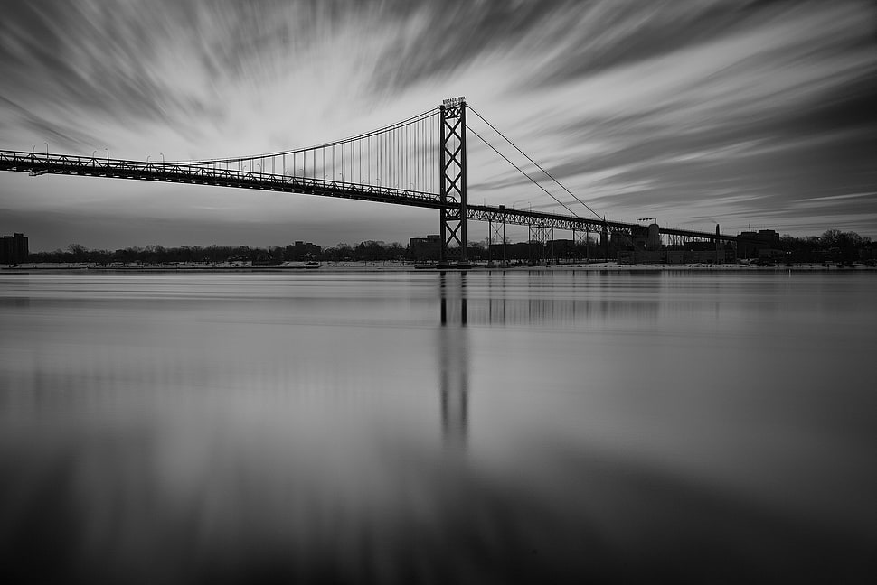 grayscale photography of suspension bridge, bridge, monochrome HD wallpaper