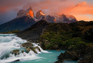 rocky mountain near river, Chile, mountains, lake, waterfall