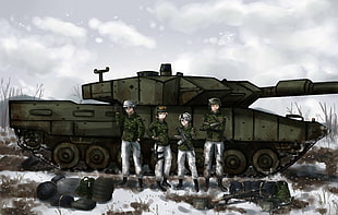 black and gray car engine, anime, tank, winter, original characters HD wallpaper