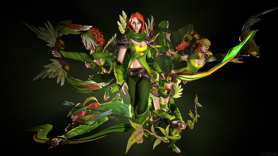 three Green anime characters illustratin HD wallpaper