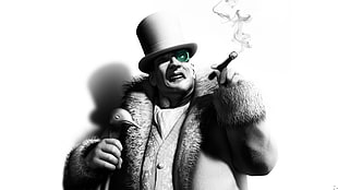 man holding cigar illustration, Batman: Arkham City, Penguin HD wallpaper