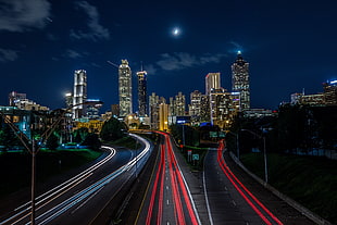 lighted concrete road, city, lights, road, Moon