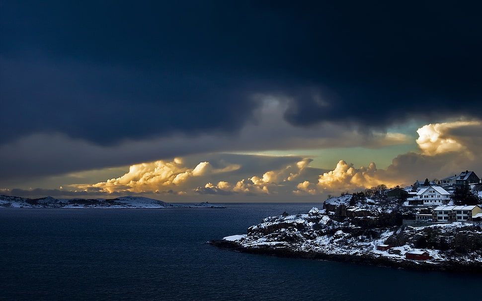 white clouds, landscape, clouds, sea, snow HD wallpaper