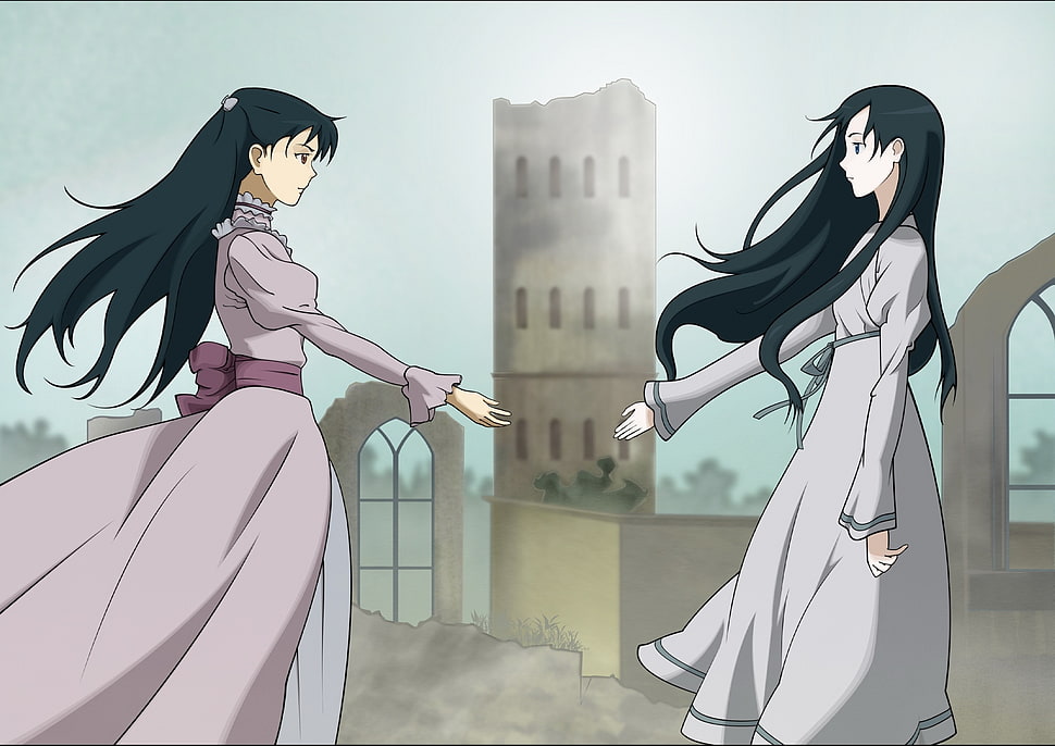 two black haired female anime characters HD wallpaper