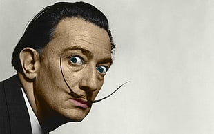 men's black suit, Salvador Dalí, colorized photos, celebrity, beards