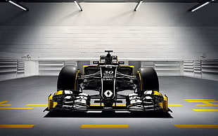 black and yellow Formula 1 digital art, Renault, Formula 1, race cars, yellow