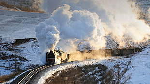 black steam engine train, transport, train, steam locomotive, freight train HD wallpaper