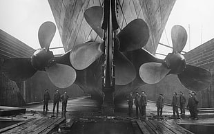 grayscale photo of ship propellers, photography, ship, monochrome, propeller