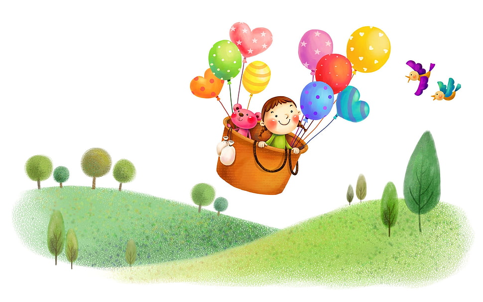 girl with pink bear cub holding balloons illustration HD wallpaper