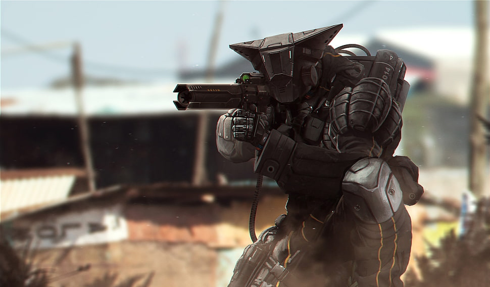 person holding gun game illustration, artwork, futuristic HD wallpaper