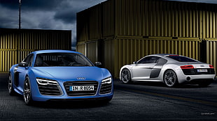 blue and silver Audi coupes, Audi R8, silver cars, blue cars, car