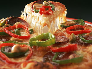 baked pizza with red and green bell pepper toppings