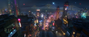 aerial photography of buildings, San Fransokyo, animated movies, cityscape