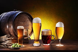 digital wallpaper of glasses with beer and barrel HD wallpaper