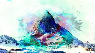 multicolored mountain painting, mountains, snow