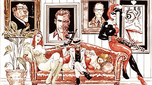 Harley Quinn sitting on sofa armrest artwork, DC Comics, Harley Quinn, Dustin Nguyen, Poison Ivy