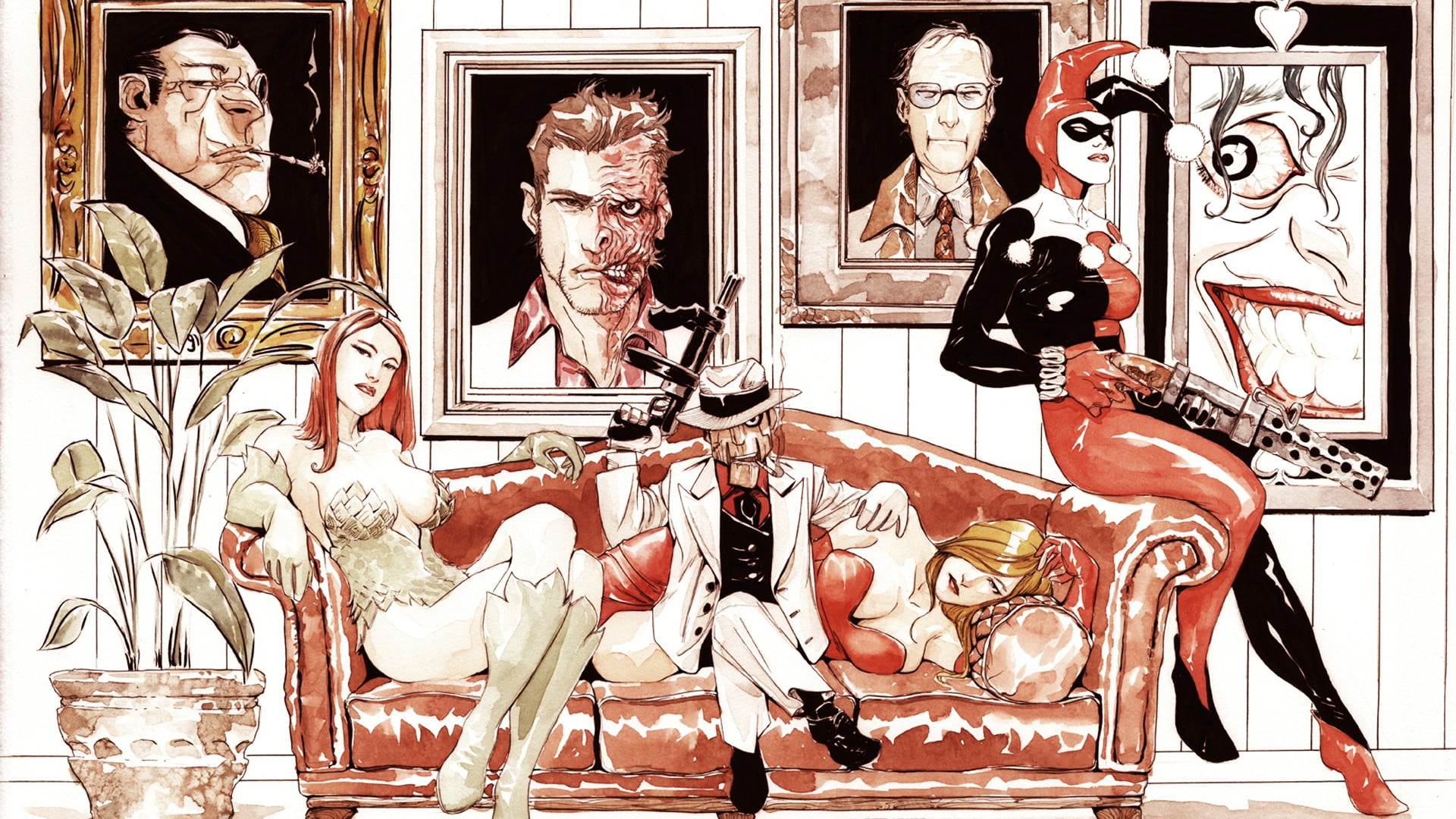 Harley Quinn sitting on sofa armrest artwork, DC Comics, Harley Quinn, Dustin Nguyen, Poison Ivy