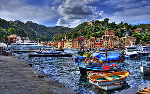 white outboard boat, Portofino, city, Italy HD wallpaper