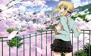 female anime character holding bag near Cherry Blossoms HD wallpaper