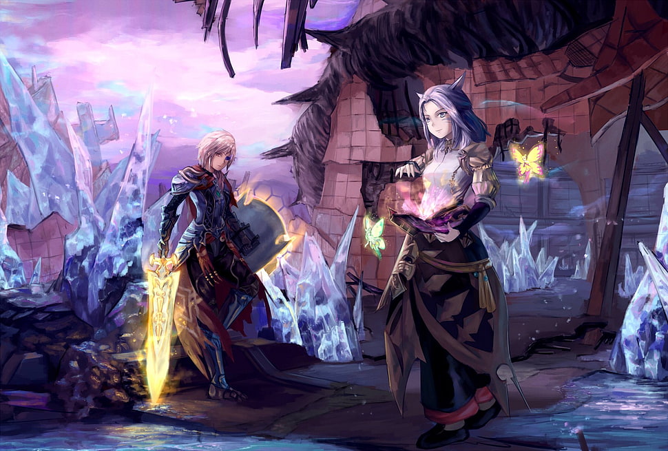 anime illustration, magic, sword, cat ears, fairies HD wallpaper