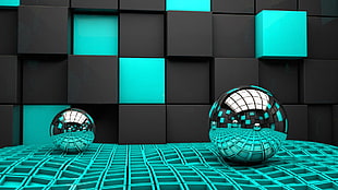 two mirror balls on green 3D lighted floor near black and teal cubes HD wallpaper