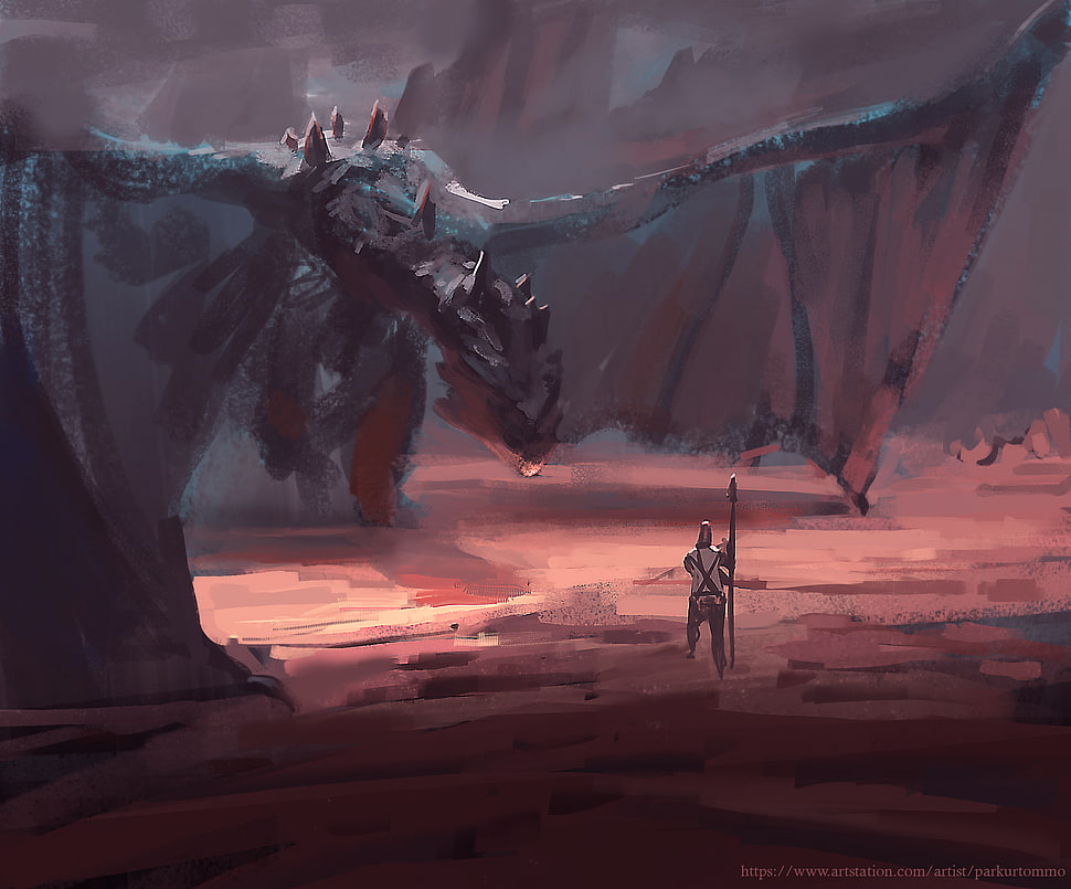 dragon and slayer illustration, fantasy art, dragon, warrior HD wallpaper