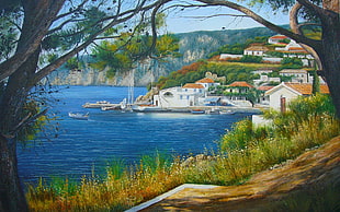 boat docked near houses painting, landscape, sky, artwork, village