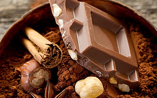 chocolate bar, food, chocolate, nuts, cinnamon HD wallpaper