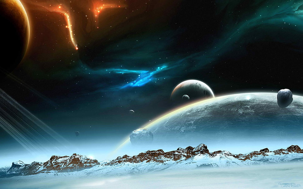 planet digital wallpaper, space, space art, planet, mountains HD wallpaper