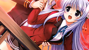 female anime character in blue long hair and red uniform
