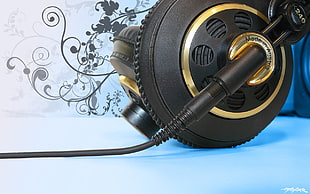black and yellow corded power tool, headphones, AKG HD wallpaper