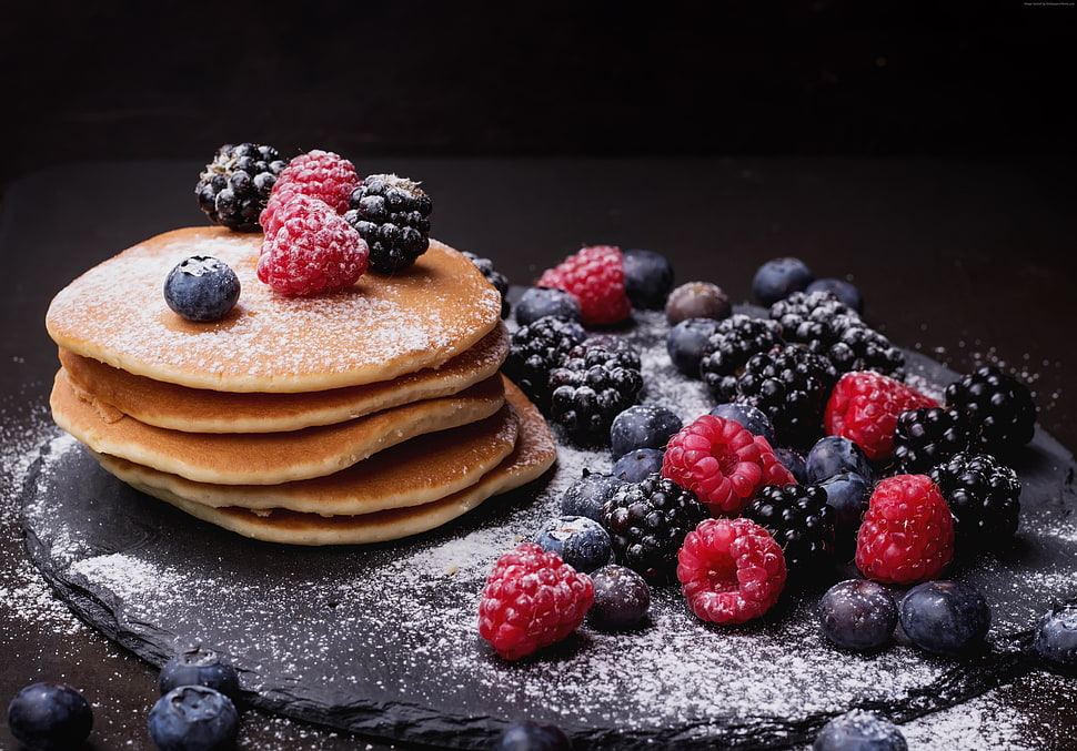 five cooked hotcakes, pancake, blueberry, berries HD wallpaper