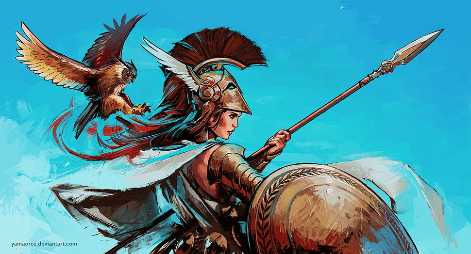 female in medieval armor holding spear and shield painting, artwork, warrior, Athena HD wallpaper