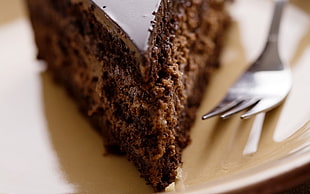chocolate cake on white ceramic plate with stainless steel spoon