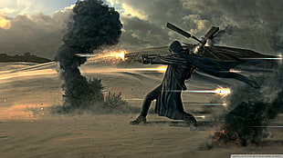 person firing gun digital wallpaper, surreal, gun, combat, artwork