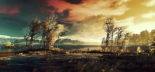 brown trees, pixel art, dead trees, sunflowers, The Witcher