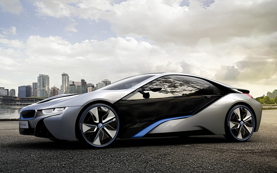 gray and black BMW I8 coupe park on road during cloudy day HD wallpaper
