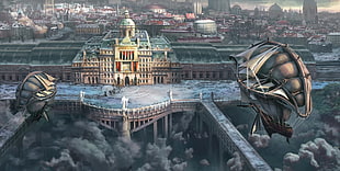 video game screenshot, fantasy city, artwork, fantasy art, airships HD wallpaper