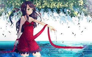 red dress, water, leaves, anime