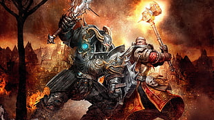 black and brown monster illustration, dark fantasy, fantasy weapon, hammer, sword HD wallpaper